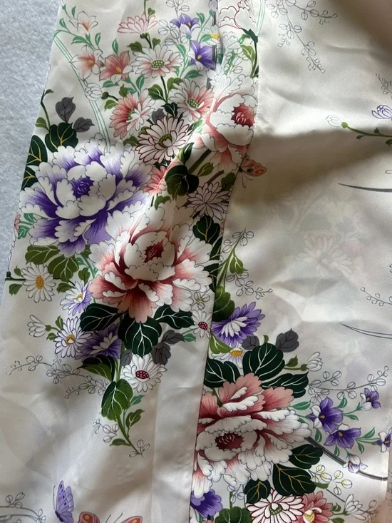 Floral Satin Robe in Ivory with Pink & Purple Blooms - Picture 6 of 8